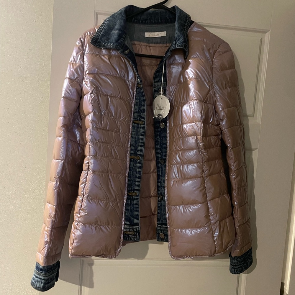 NWT Attrait metallic quilted jacket with denim. Size medium